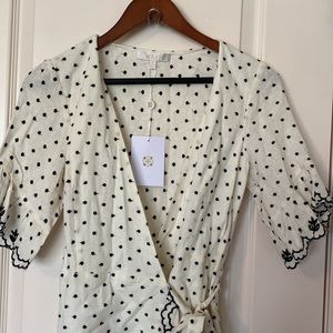 WAYF Wrap linen Dress NWT S Black Cream Linen Blend embroidered fabric stunning